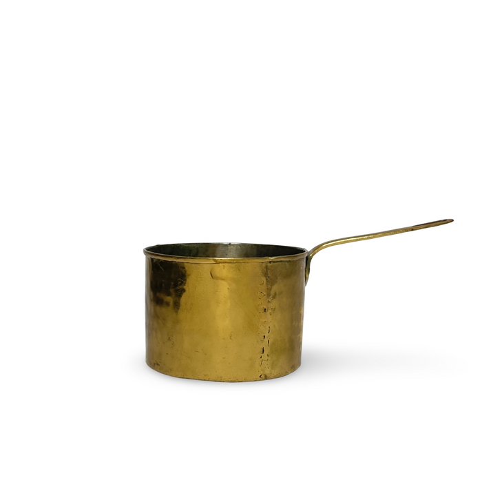 Antique brass pot with long handle, hammered metal finish