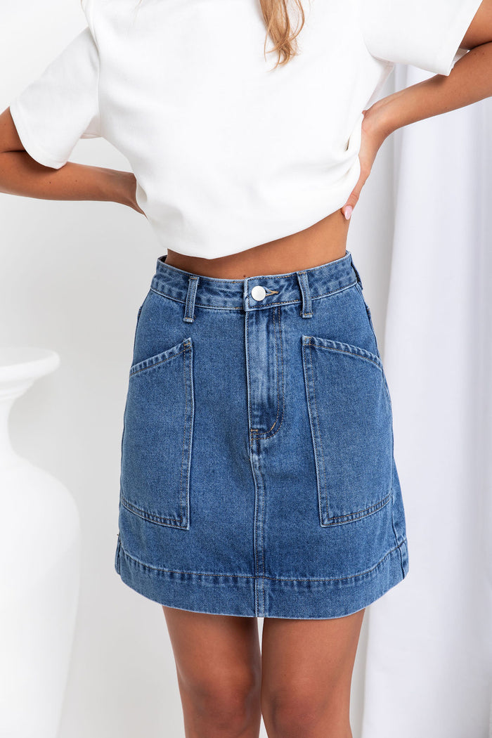 Heidi Denim Mini Skirt - Dark Blue Wash - The Self Styler - The Self Styler