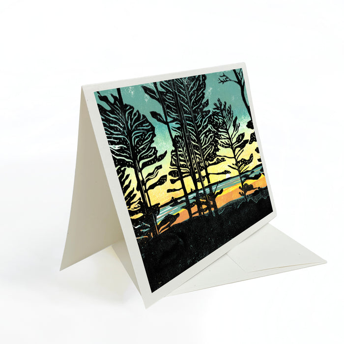 Home. A casually elegant card featuring a digital reproduction of a block print design with the same title by Natalia Wohletz of Peninsula Prints, Milford and Mackinac Island, Michigan.
