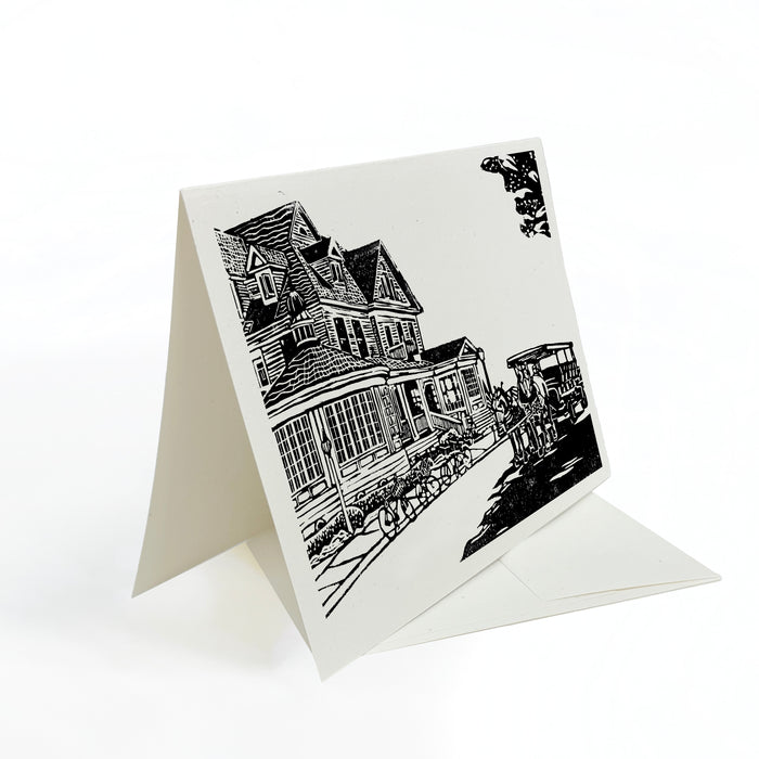 Hotel Iroquois. A casually elegant card featuring a digital reproduction of a block print design with the same title by Natalia Wohletz of Peninsula Prints, Milford and Mackinac Island, Michigan.