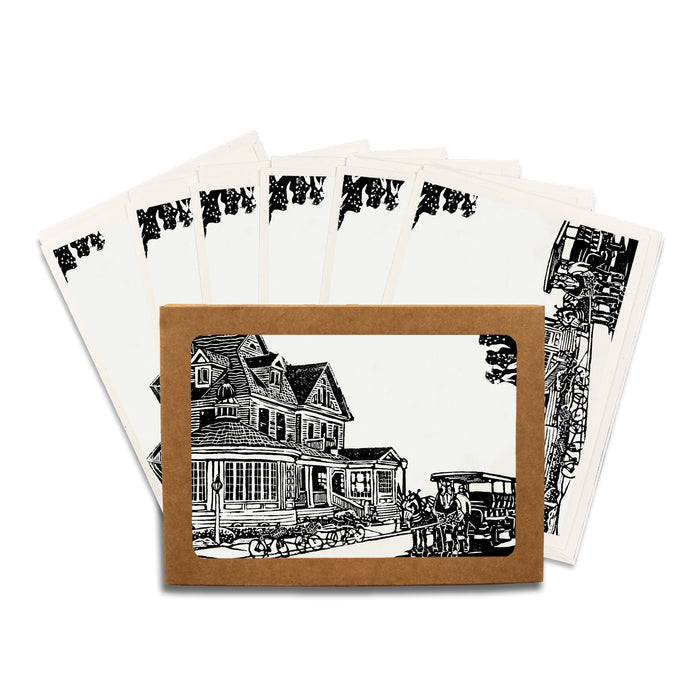 Hotel Iroquois. A casually elegant card featuring a digital reproduction of a block print design with the same title by Natalia Wohletz of Peninsula Prints, Milford and Mackinac Island, Michigan.