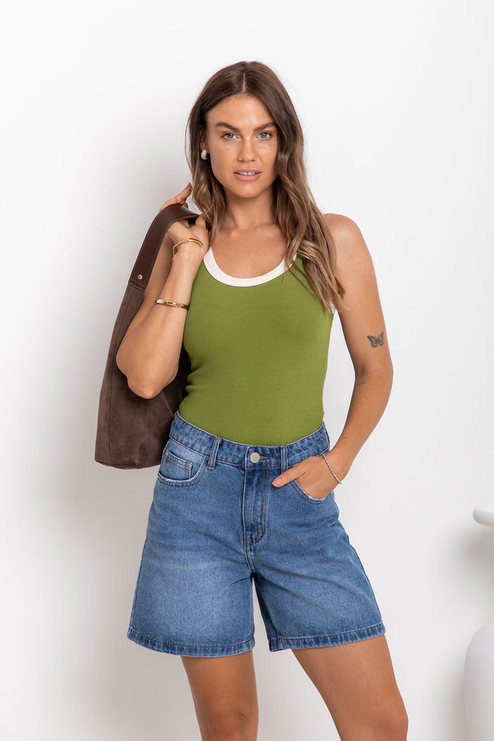 Hudson Contrast Tank - Green and Cream - The Self Styler
