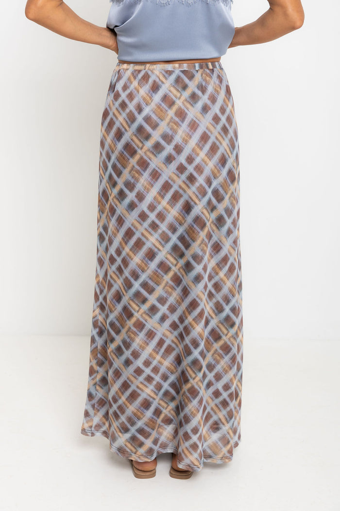 Hunter Plaid Mesh Maxi Skirt - Choc and Blue