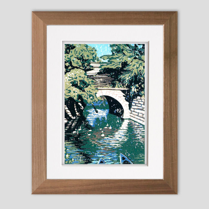 Michigan river art by printmaker Natalia Wohletz of Peninsula Prints, Milford, Michigan, title Huron River Bridge.