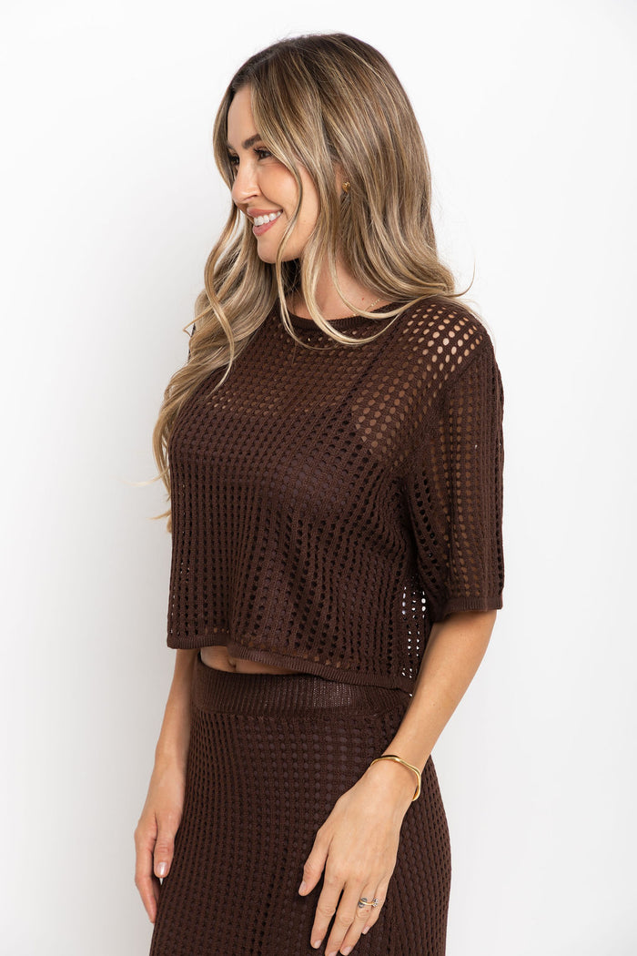 Isabel crochet crop top in brown, cropped open-weave knit top styled with a matching skirt