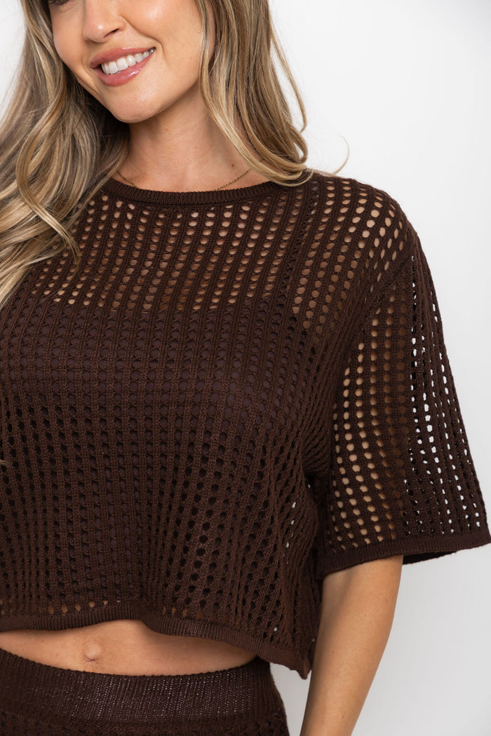 Isabel crochet crop top in brown, cropped open-weave knit top styled with a matching skirt
