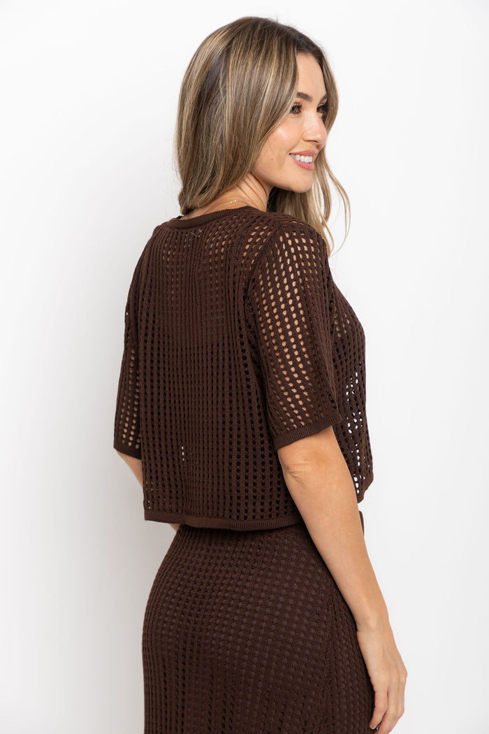 Isabel crochet crop top in brown, cropped open-weave knit top styled with a matching skirt