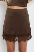 Ivy Satin Lace Mini Skirt - Chocolate - The Self Styler
