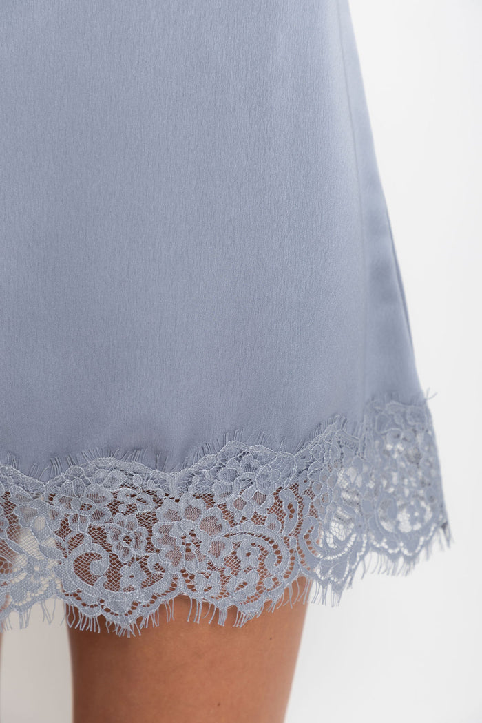 Ivy satin lace mini skirt in steel blue, tiered lace-trim mini skirt styled with a matching satin cami top