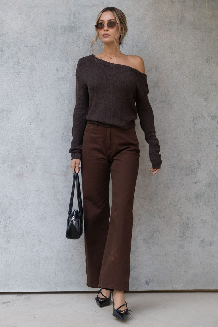 Jayla Off-The-Shoulder Long Sleeve Top - Chocolate