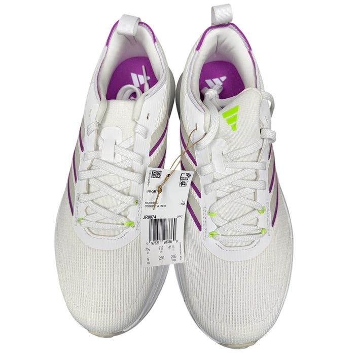 White adidas Jogit women's running sneakers, athletic shoes with a sleek design, size 9W, lightweight and comfortable for running.