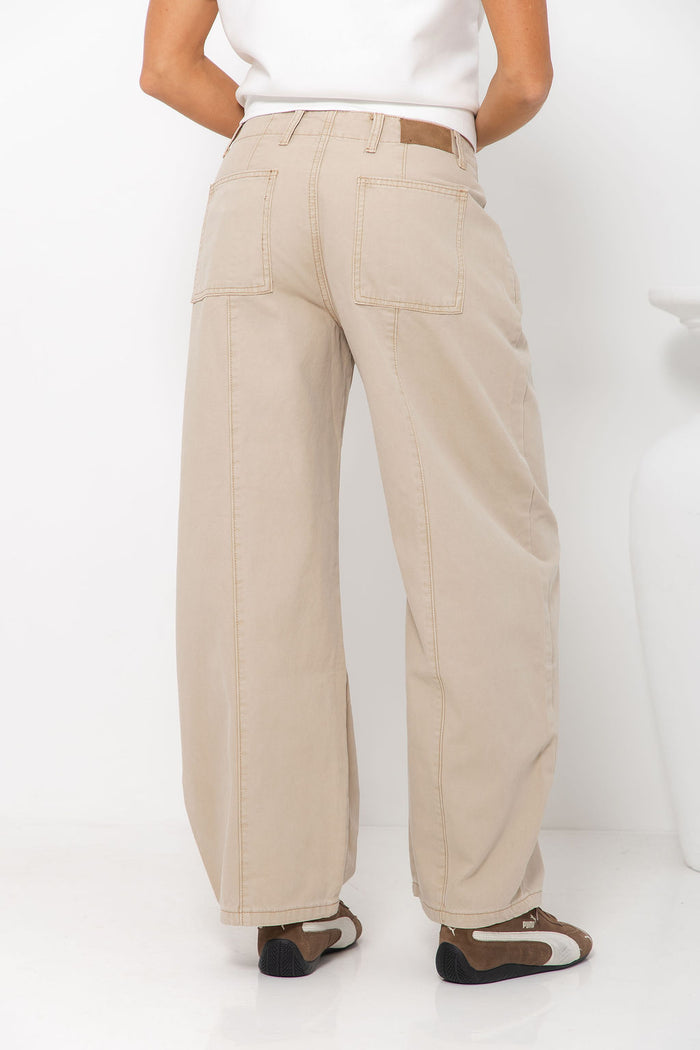 Jordyn Barrel Cargo Denim Jeans - Sand Beige