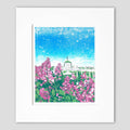 June at the Grand is a multi-color linoleum block print inspired by lovely lilacs blooming in the Tea Garden of the Grand Hotel.
