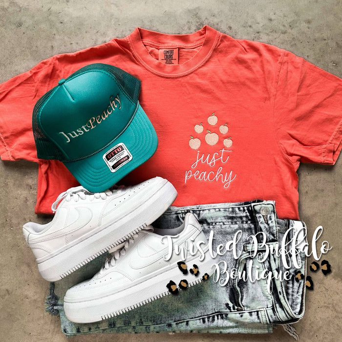 {JUST PEACHY} Embroidered Peaches Coral Crew Neck Tee