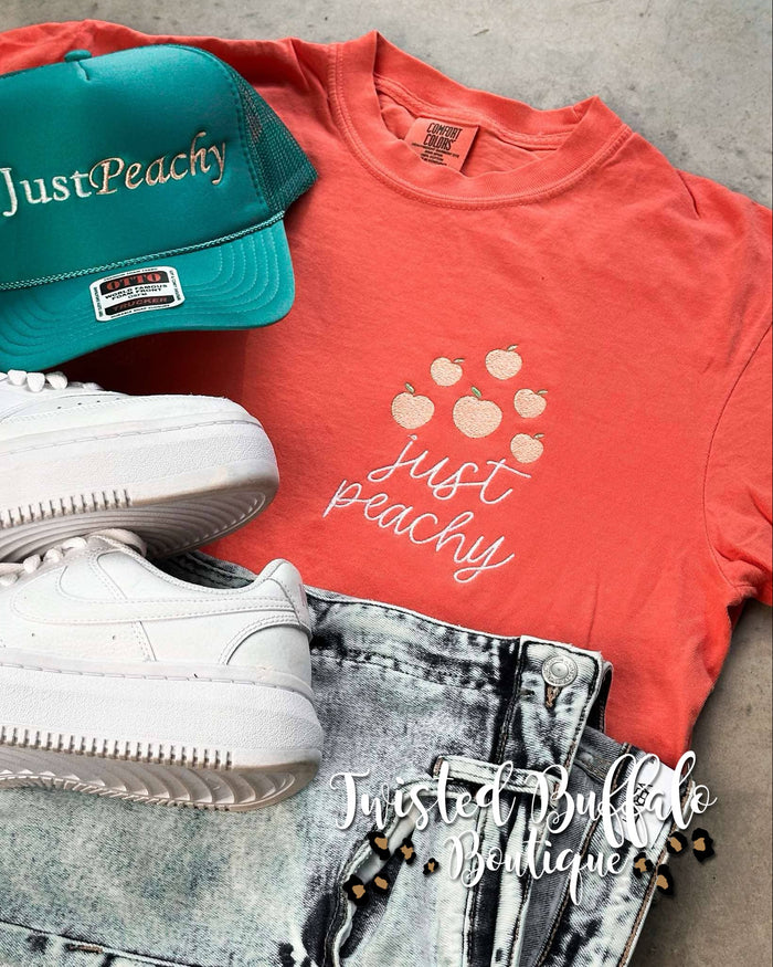 {JUST PEACHY} Embroidered Peaches Coral Crew Neck Tee
