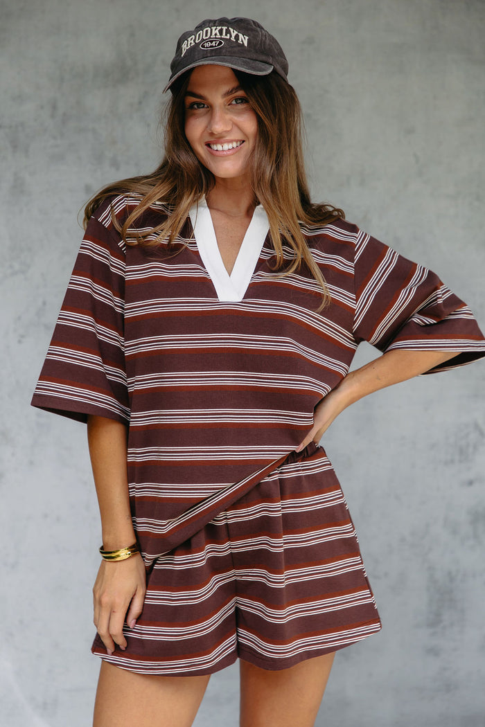 Jye Rugby Stripe Shorts - Chocolate - The Self Styler