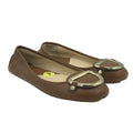 Karl Lagerfeld Paris leather buckle ballet flats in tan brown, women's size 9, featuring a sleek design and ankle strap detail.