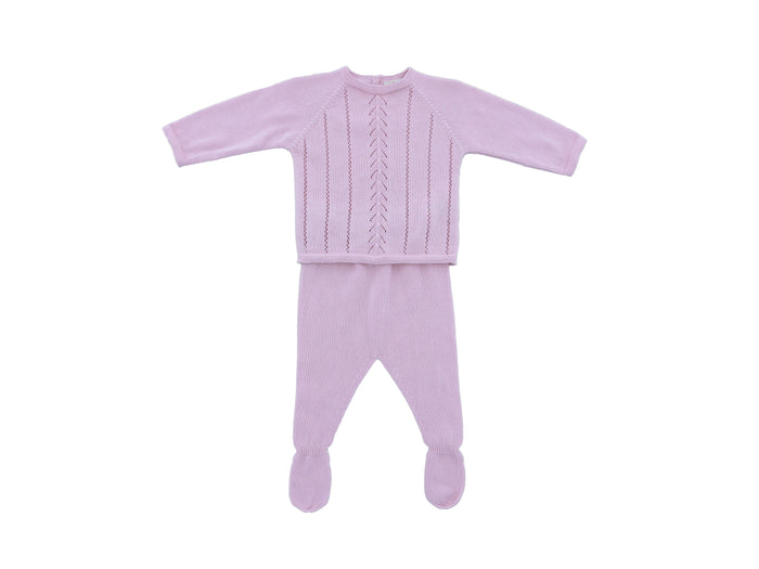 Dusty Pink baby outfit with a cable knit pattern on a white background