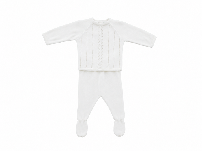 White baby outfit with a jacket and footed pants on a white background