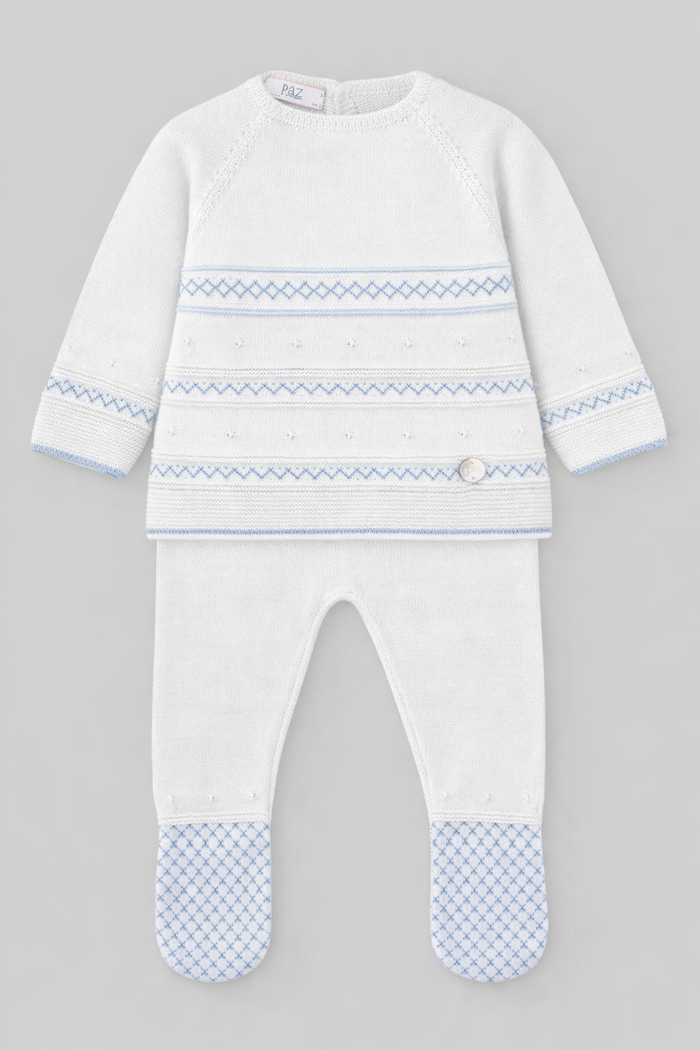 Baby outfit with white top and pants featuring blue patterns on a gray background