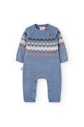 Blue knitted baby romper with pattern on a white background