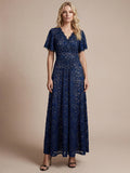 Lace Ruffle Sleeve A-Line Evening Dress #color_Navy Blue