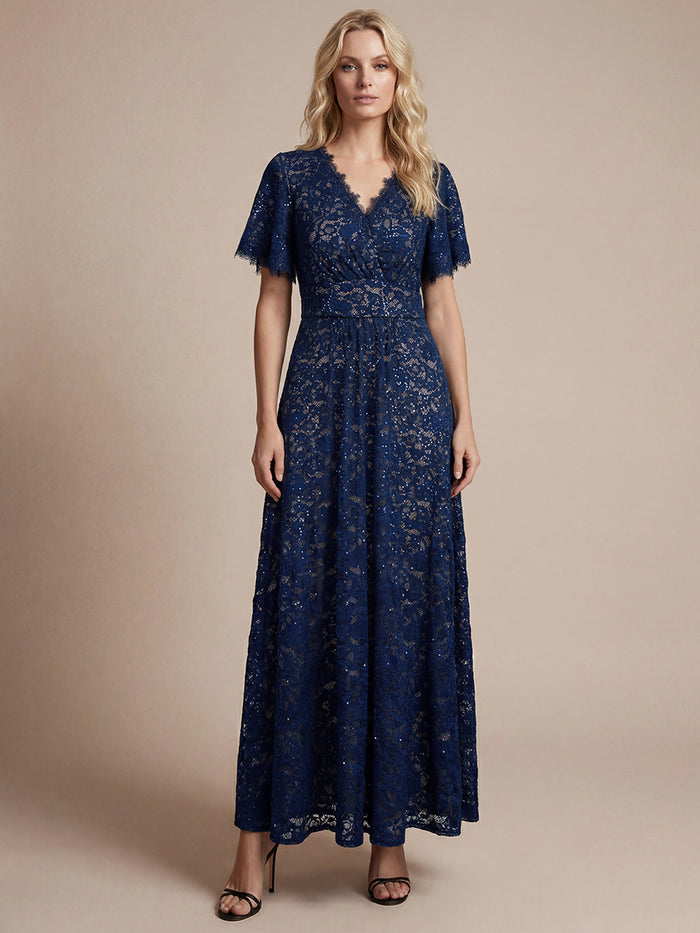 Lace Ruffle Sleeve A-Line Evening Dress #color_Navy Blue