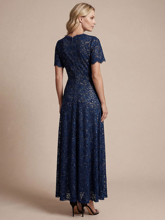 Lace Ruffle Sleeve A-Line Evening Dress #color_Navy Blue