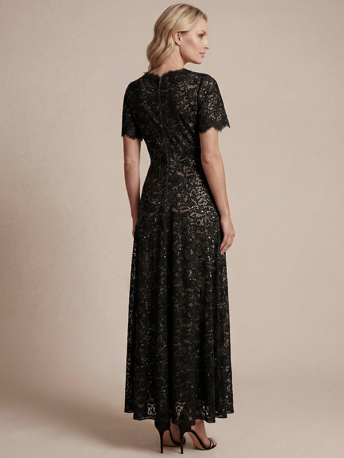 Lace Ruffle Sleeve A-Line Evening Dress #color_Black
