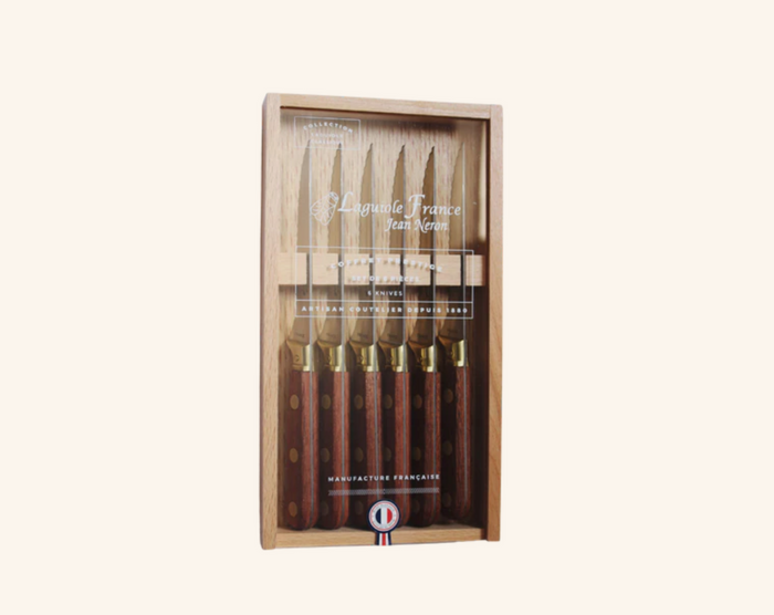 Brass knife set in wooden display box, brass blades and wood handles