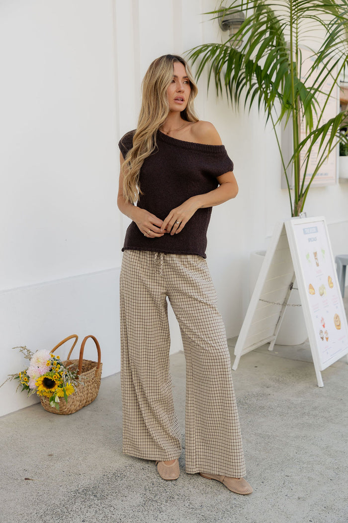 Landon Wide-Leg Cotton Pants - Beige Check