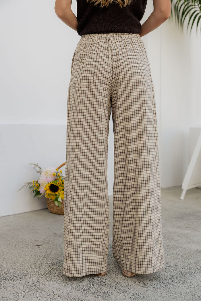 Landon Wide-Leg Cotton Pants - Beige Check