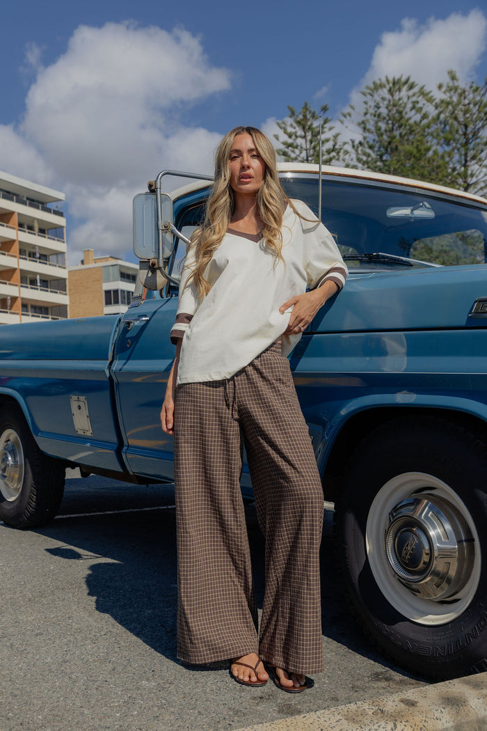 Landon Wide-Leg Cotton Pants - Chocolate Check