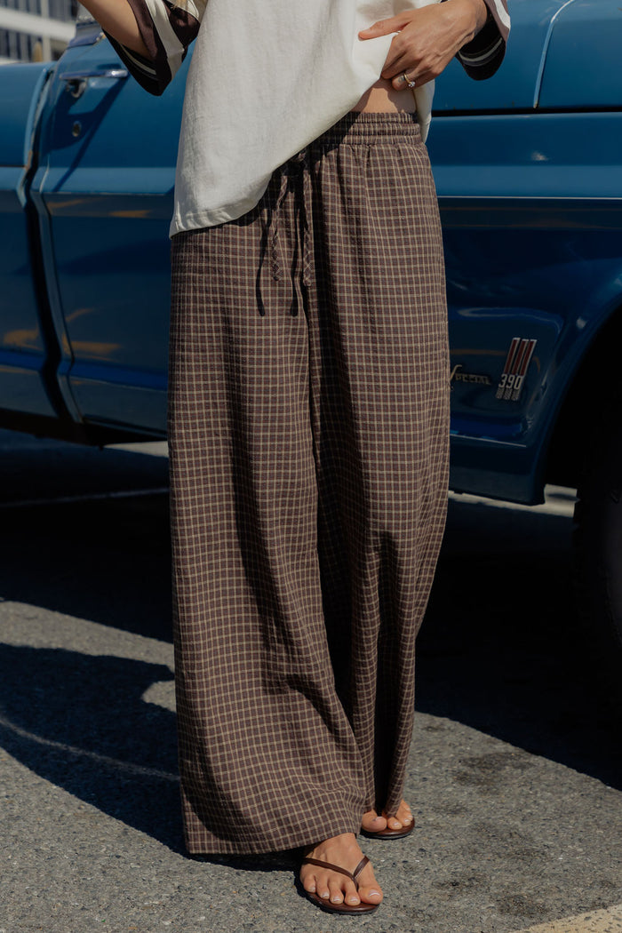 Landon Wide-Leg Cotton Pants - Chocolate Check