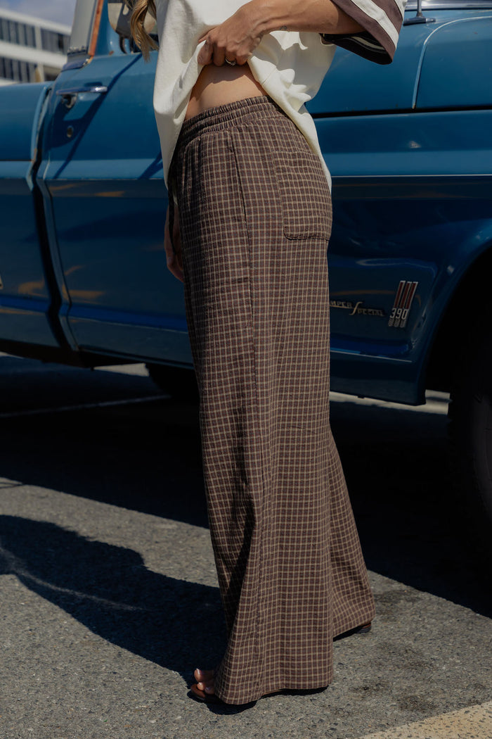 Landon Wide-Leg Cotton Pants - Chocolate Check