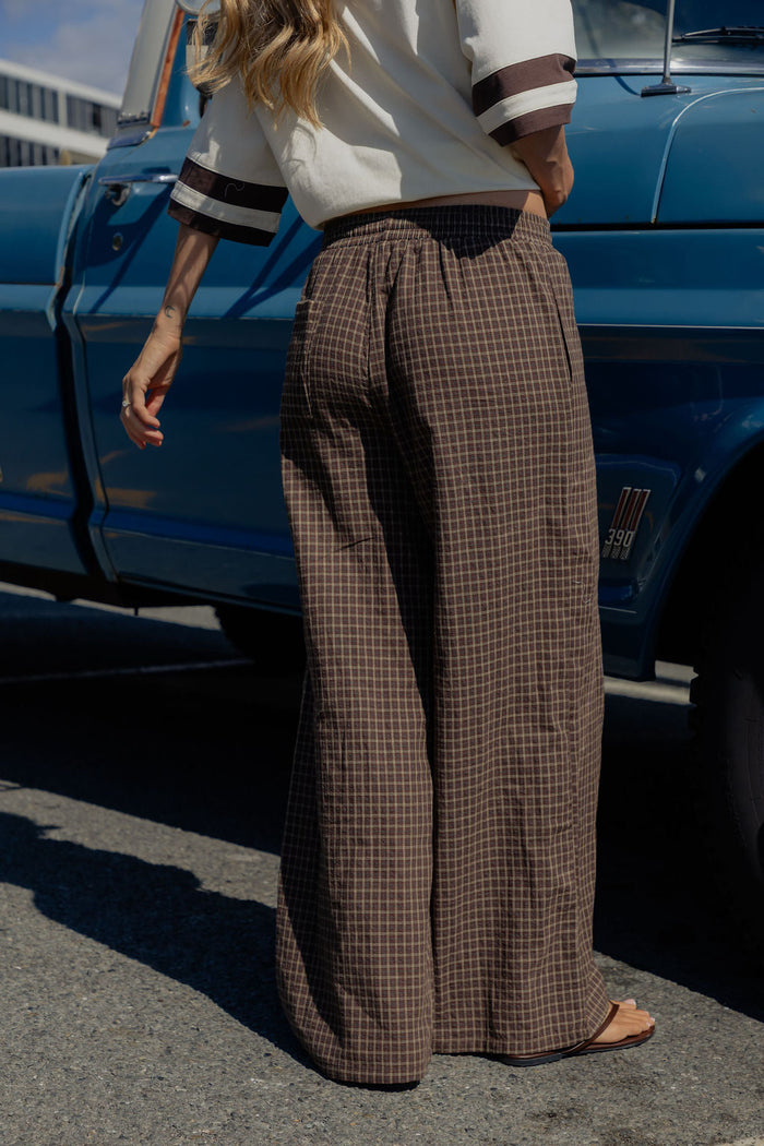 Landon Wide-Leg Cotton Pants - Chocolate Check