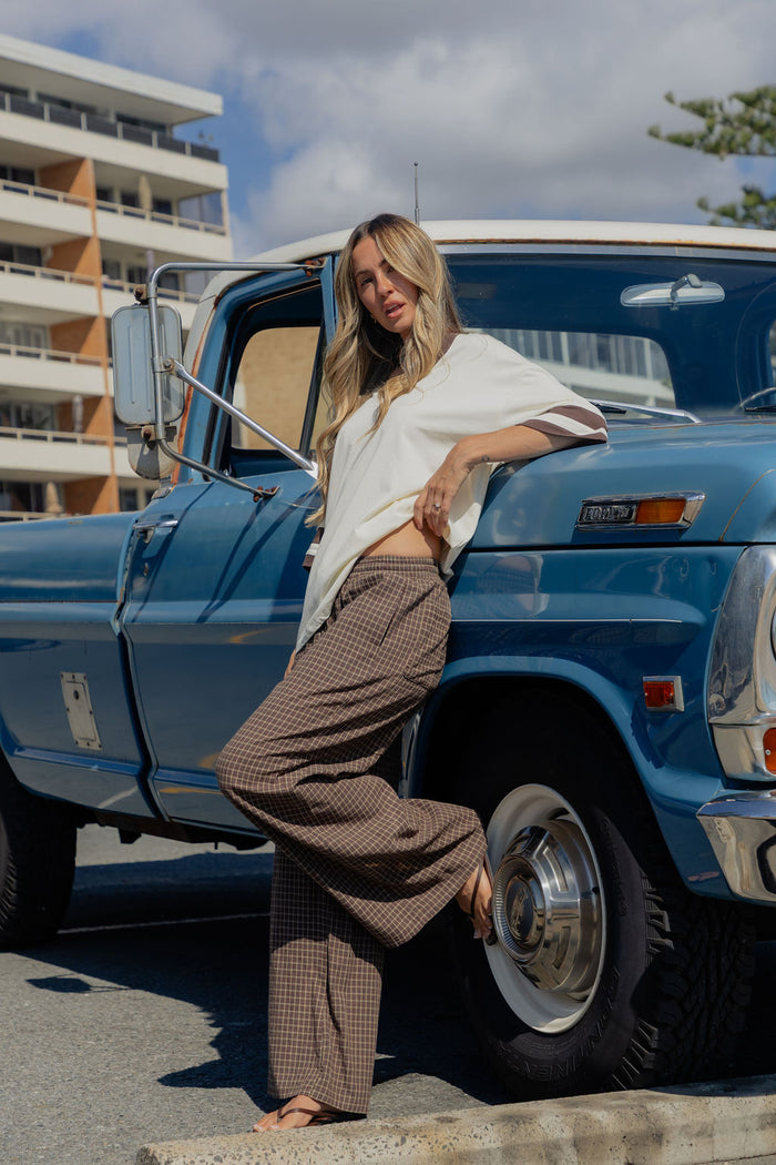 Landon Wide-Leg Cotton Pants - Chocolate Check