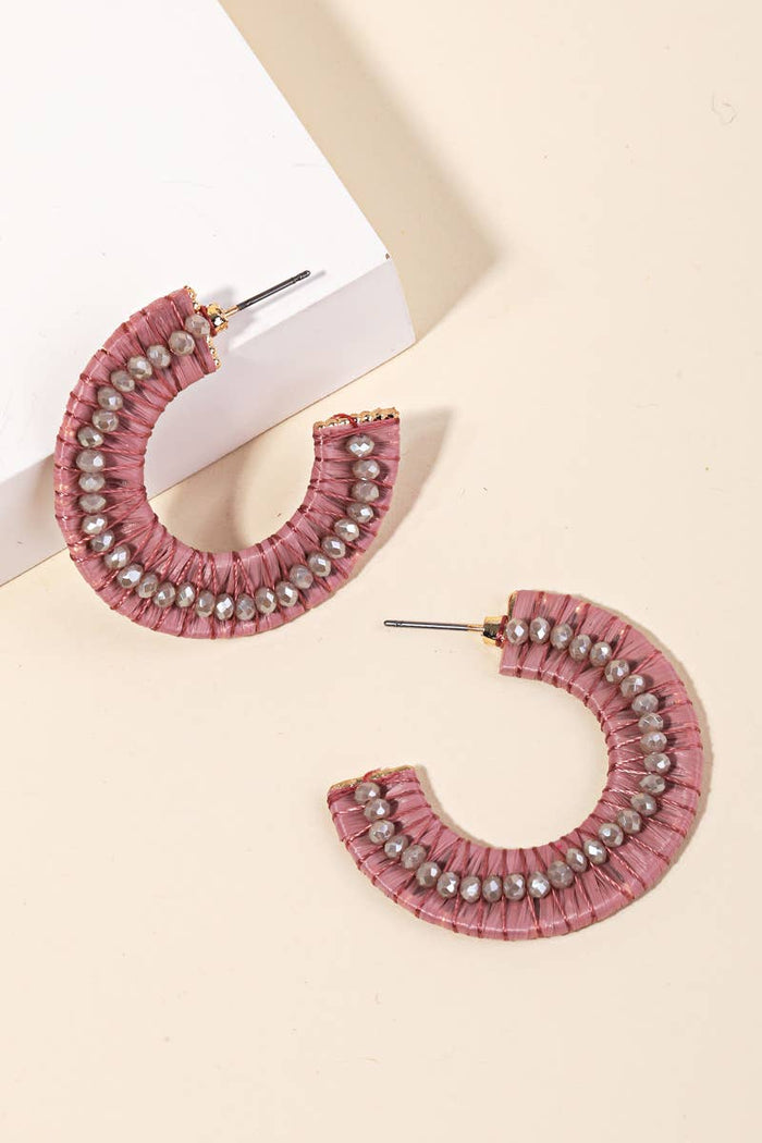 Lavender- Raffia Beaded Hoop Earrings