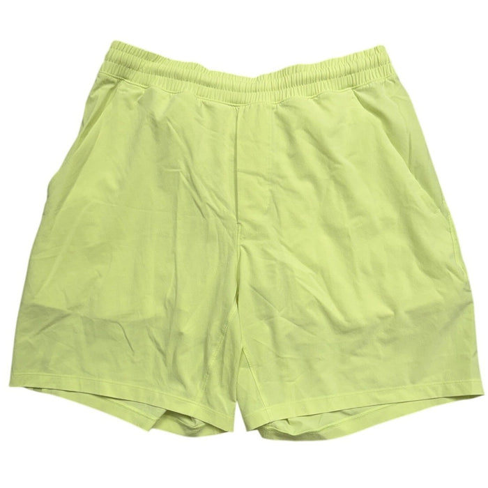 Lululemon men's lightweight athletic shorts with neon green color and built-in liner, size M, shown on a mannequin.