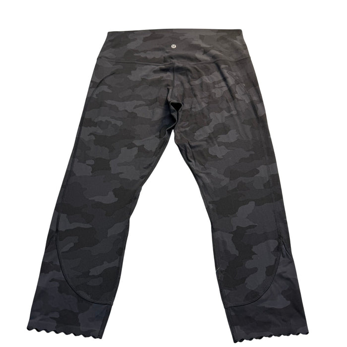 Lululemon Athletica Capri Leggings in Wild Thing Deep Coal Camo print, black and grey, size 14, shown on model.