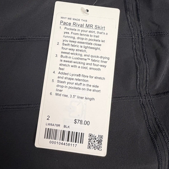 Black Lululemon Pace Rival Mid-Rise Skirt in size 2, front view showing athletic fit and sleek design.