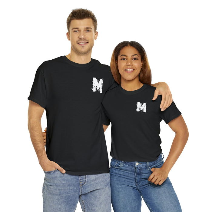 M Heavy Cotton Dark Tee front and back logos