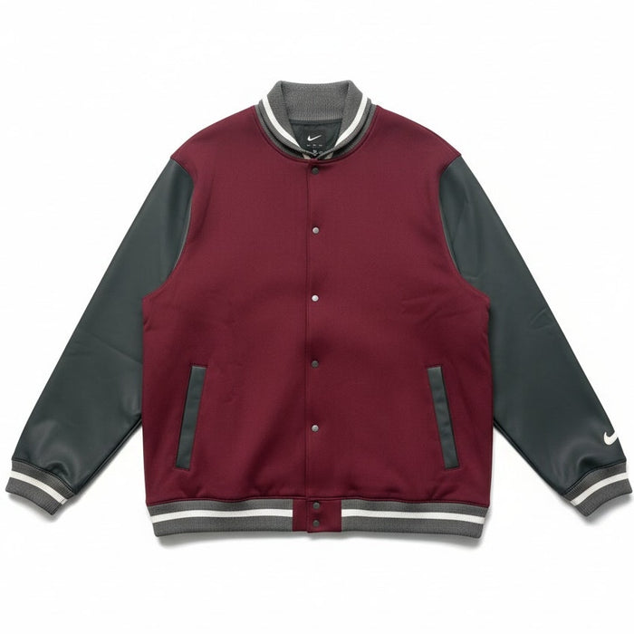 Nike men's dark maroon team letterman jacket with varsity-style design, front zipper, and ribbed cuffs, size XXL.