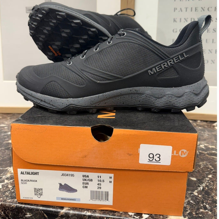 Men's Merrell Altalight Trail Hiking Shoes in black and rock color, showing the durable running shoe design with rugged outsole.