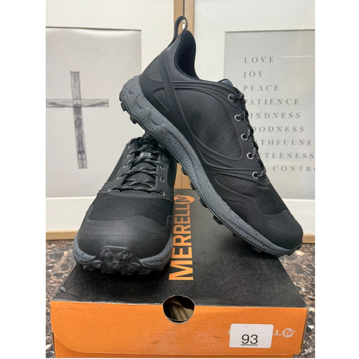 Men's Merrell Altalight Trail Hiking Shoes in black and rock color, showing the durable running shoe design with laces and rugged outsole.