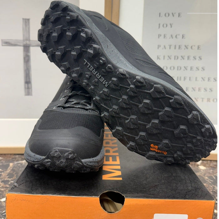 Men's Merrell Altalight Trail Running Shoes in black and rock color, size 11, with rugged outsole and breathable mesh upper.