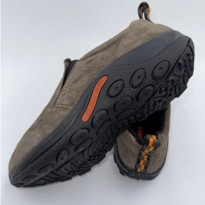 Men's Merrell Jungle Moc J60787 running shoes in Gunsmoke color, size 9, with a casual slip-on design and textured sole.