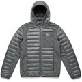 Black Merrell men's quilted hooded lightweight polyester jacket, shown with its hood and quilted texture.