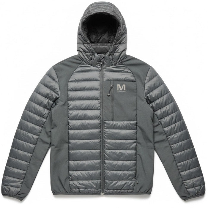 Black Merrell men's quilted hooded lightweight polyester jacket, shown with its hood and quilted texture.
