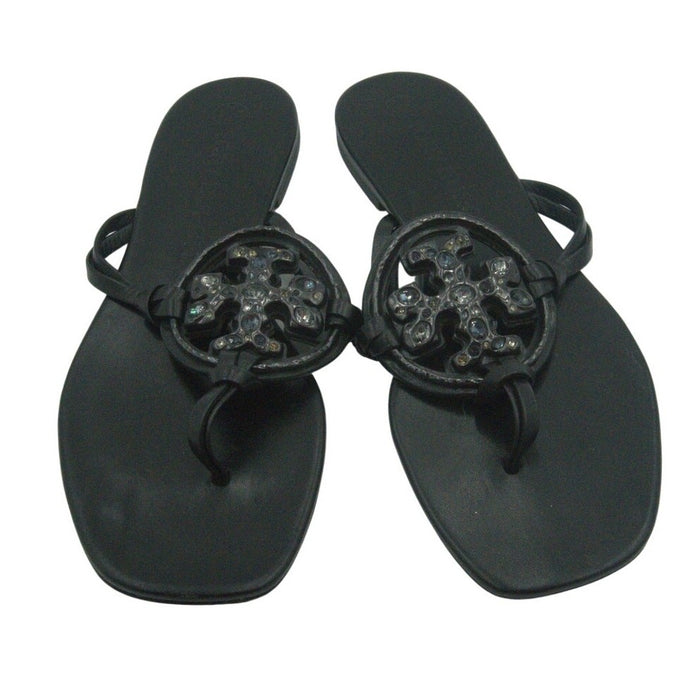 Black Tory Burch Metal Jeweled Miller Crystal Sandals for women, size 9.5, with metallic accents and sparkling crystal details.
